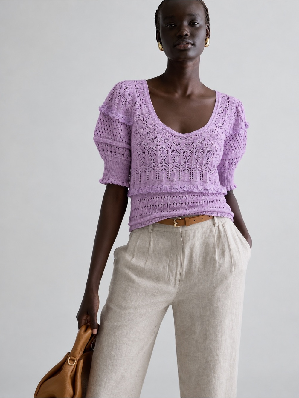 Zara Lilac Lace-Knit Square Neck Sweater Top